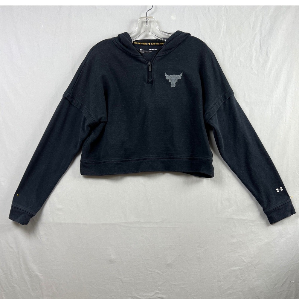 Under Armour Project Rock 1/4 Zip Hoodie Women XS Black Warrior Mana Cropped